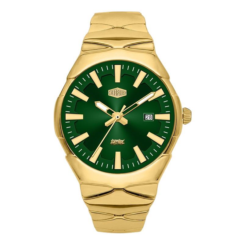 A gold-tone stainless steel watch with a dark green dial and green bezel, featuring gold-tone hands, hour markers, and crown.