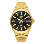 A gold-tone stainless steel watch with a black dial, gold-tone hour markers and hands, and a date window at 3 o'clock.