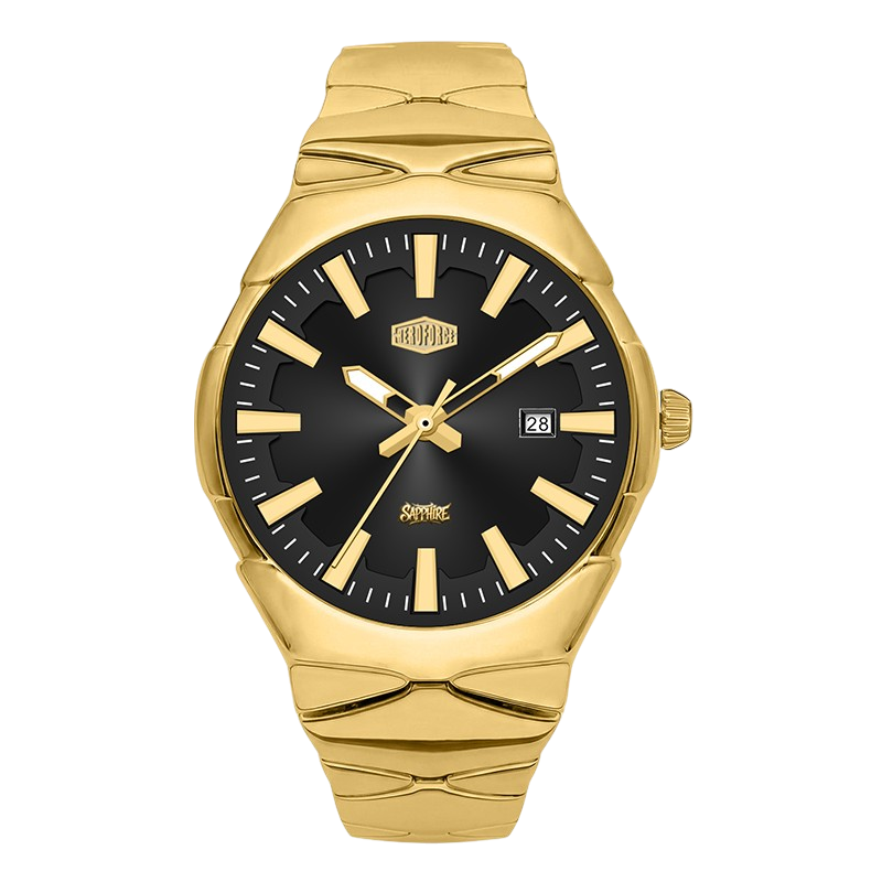 A gold-tone stainless steel watch with a black dial, gold-tone hour markers and hands, and a date window at 3 o'clock.