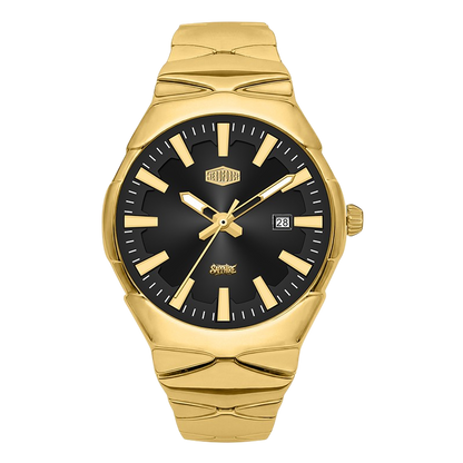 A gold-tone stainless steel watch with a black dial, gold-tone hour markers and hands, and a date window at 3 o'clock.