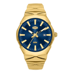 A gold-tone stainless steel watch with a textured, layered metal bracelet and a deep blue dial featuring gold-tone hands and markers.