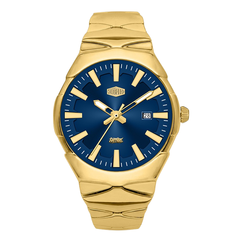 A gold-tone stainless steel watch with a textured, layered metal bracelet and a deep blue dial featuring gold-tone hands and markers.