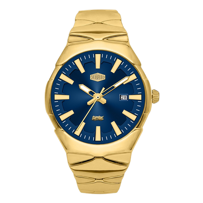 A gold-tone stainless steel watch with a textured, layered metal bracelet and a deep blue dial featuring gold-tone hands and markers.