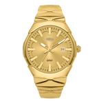A gold-tone stainless steel wrist watch with a matching gold dial, textured hour markers, and a date window at the 3 o'clock position.