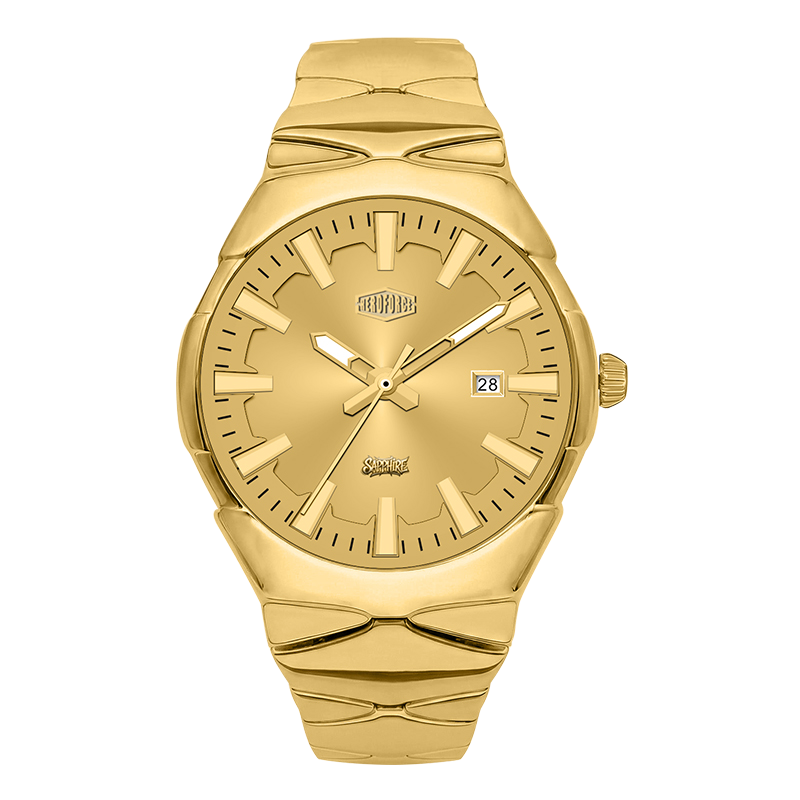 A gold-tone stainless steel wrist watch with a matching gold dial, textured hour markers, and a date window at the 3 o'clock position.