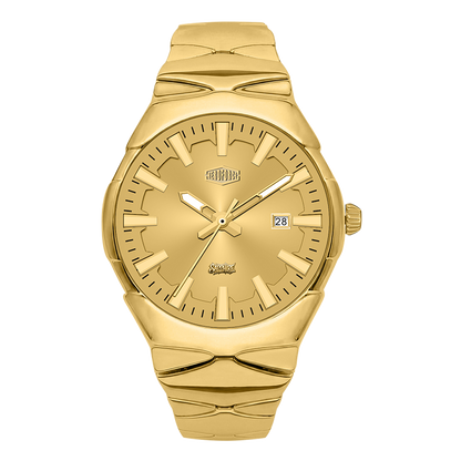 A gold-tone stainless steel wrist watch with a matching gold dial, textured hour markers, and a date window at the 3 o'clock position.