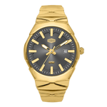A gold-tone stainless steel watch with a dark gray dial, gold-tone hour markers and hands, and a date window at 3 o'clock.