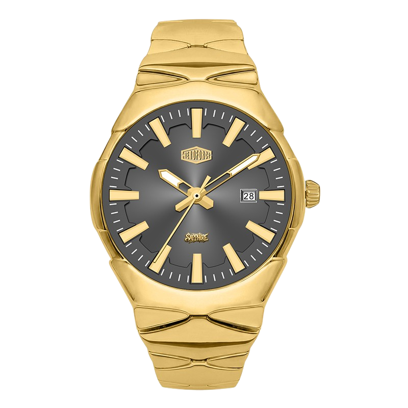 A gold-tone stainless steel watch with a dark gray dial, gold-tone hour markers and hands, and a date window at 3 o'clock.