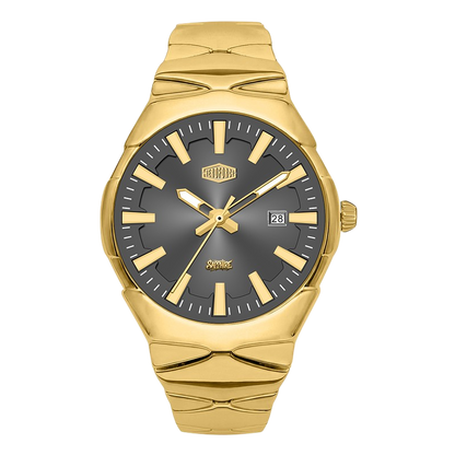 A gold-tone stainless steel watch with a dark gray dial, gold-tone hour markers and hands, and a date window at 3 o'clock.