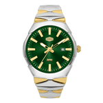 A two-tone stainless steel and gold wristwatch with a green dial and green bezel, featuring gold-tone hands and hour markers, a date window at 3 o'clock.