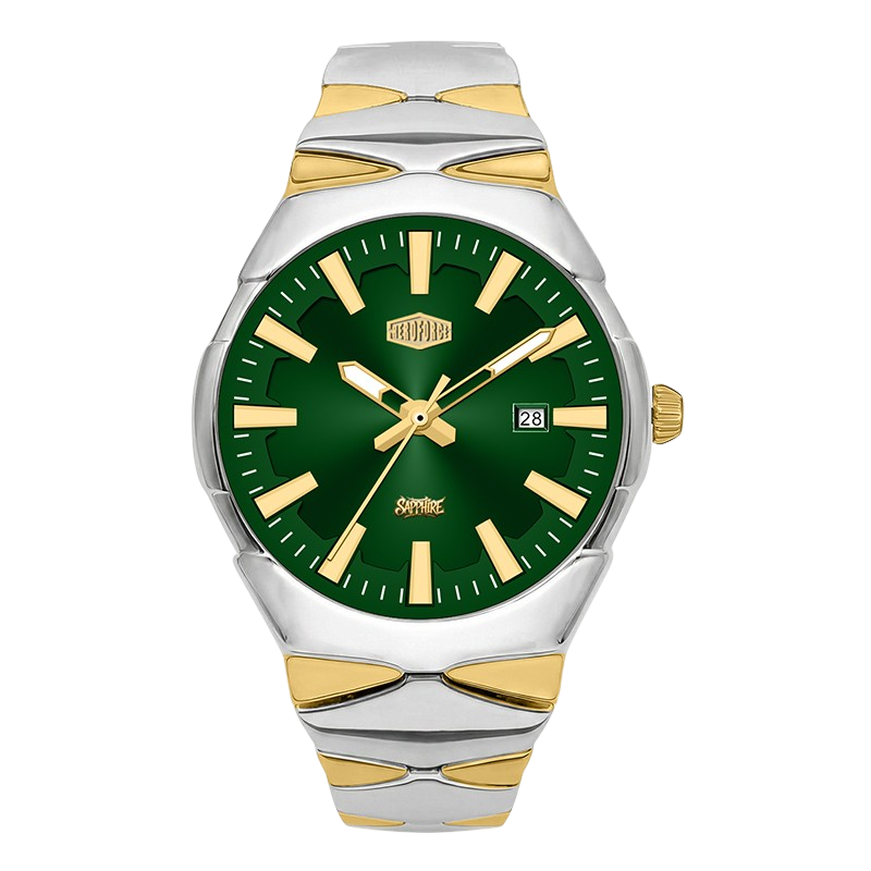 A two-tone stainless steel and gold wristwatch with a green dial and green bezel, featuring gold-tone hands and hour markers, a date window at 3 o'clock.