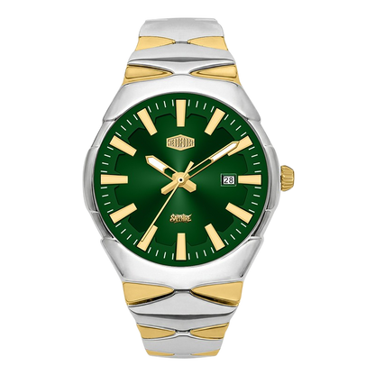 A two-tone stainless steel and gold wristwatch with a green dial and green bezel, featuring gold-tone hands and hour markers, a date window at 3 o'clock.