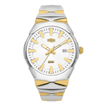 A two-tone stainless steel and gold wristwatch with a white dial, featuring gold-tone hour markers, hands, and crown.