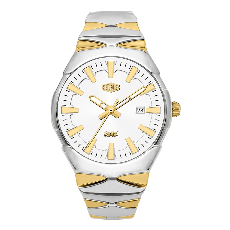 A two-tone stainless steel and gold wristwatch with a white dial, featuring gold-tone hour markers, hands, and crown.