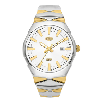A two-tone stainless steel and gold wristwatch with a white dial, featuring gold-tone hour markers, hands, and crown.