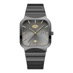 A HeroForce men's watch featuring a dark gray square case, a textured dark gray dial with gold-tone hands and indices, and a matching dark gray ridged metal link bracelet, shown against a plain white background.