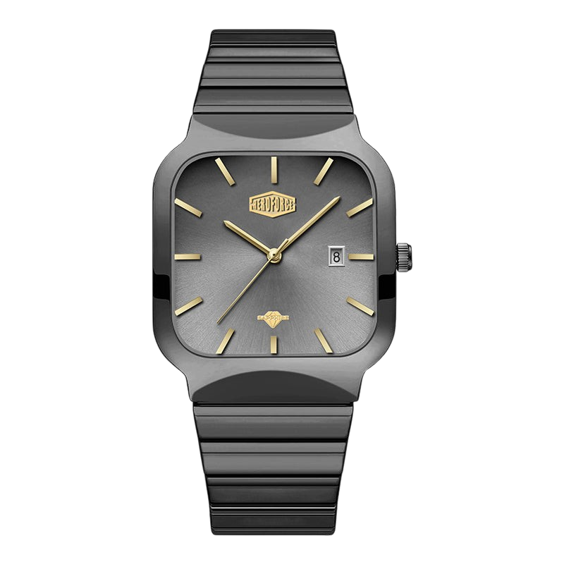 A HeroForce men's watch featuring a dark gray square case, a textured dark gray dial with gold-tone hands and indices, and a matching dark gray ridged metal link bracelet, shown against a plain white background.