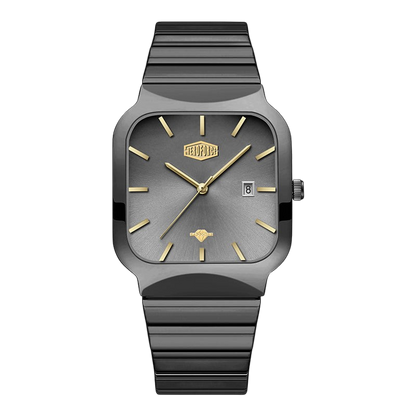 A HeroForce men's watch featuring a dark gray square case, a textured dark gray dial with gold-tone hands and indices, and a matching dark gray ridged metal link bracelet, shown against a plain white background.