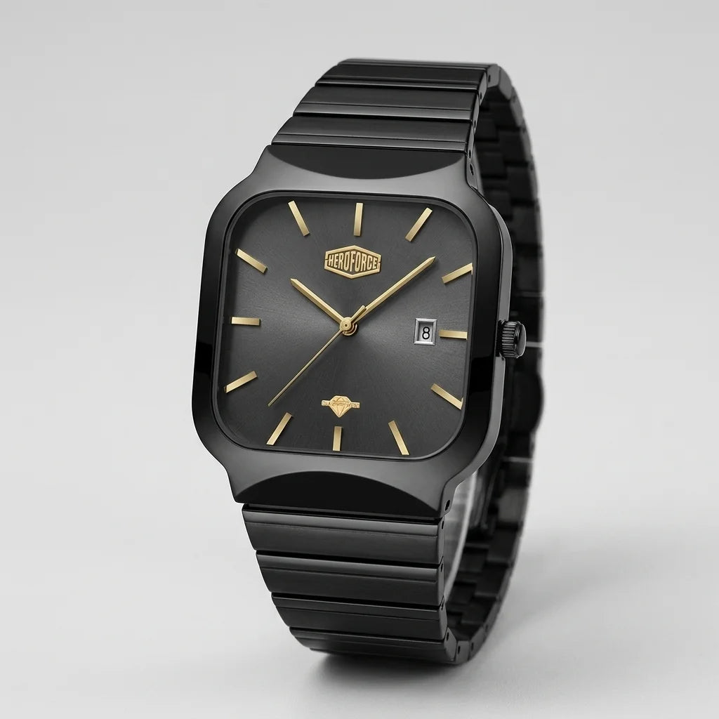 A HEROFORCE wristwatch with a matte black ceramic case and integrated link bracelet, featuring a black dial with gold-tone indices and hands, and a date window at 3 o'clock.
