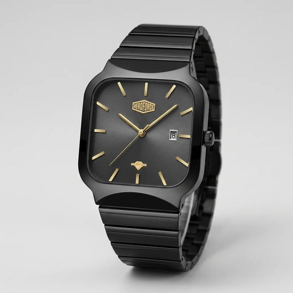 A HEROFORCE wristwatch with a matte black ceramic case and integrated link bracelet, featuring a black dial with gold-tone indices and hands, and a date window at 3 o'clock.