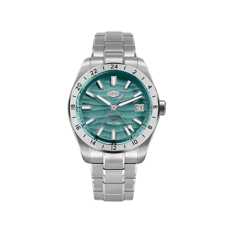 HeroForce 5056 Silver Light Edition GMT Stainless Steel Quartz Watch - teal blue dial, steel watch, front view