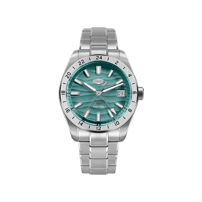 HeroForce 5056 Silver Light Edition GMT Stainless Steel Quartz Watch - teal blue dial, steel watch, front view