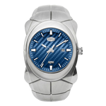 Herofocre 6039 - watch with a distinctive silver-toned segmented metal case and bracelet, featuring a textured blue dial with white indices and a date window.