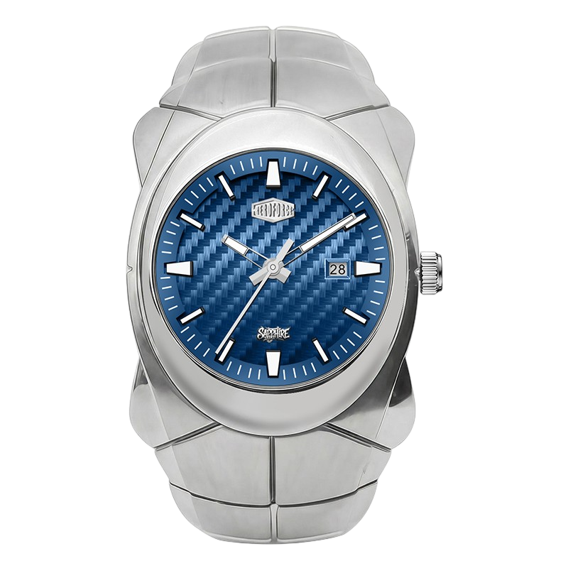 Herofocre 6039 - watch with a distinctive silver-toned segmented metal case and bracelet, featuring a textured blue dial with white indices and a date window.