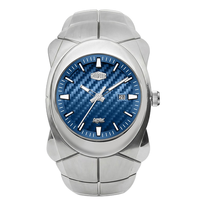 Herofocre 6039 - watch with a distinctive silver-toned segmented metal case and bracelet, featuring a textured blue dial with white indices and a date window.