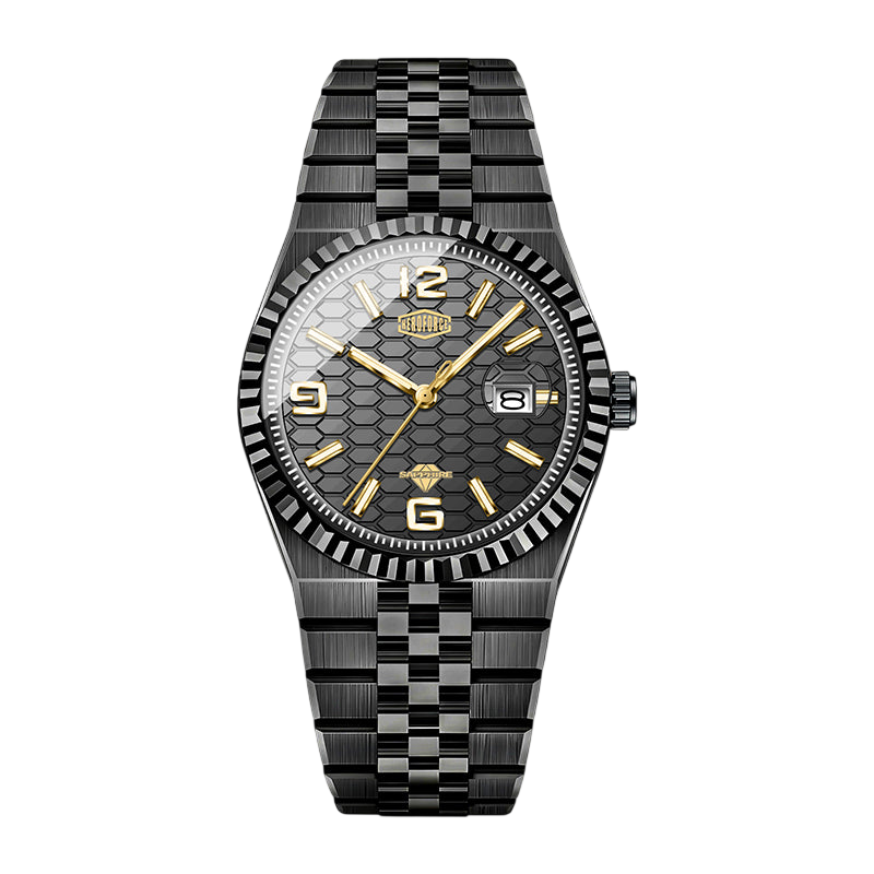 Heroforce 5036B Ocean Wave Arabic Dial Watch - black honeycomb dial, gold accents, front view