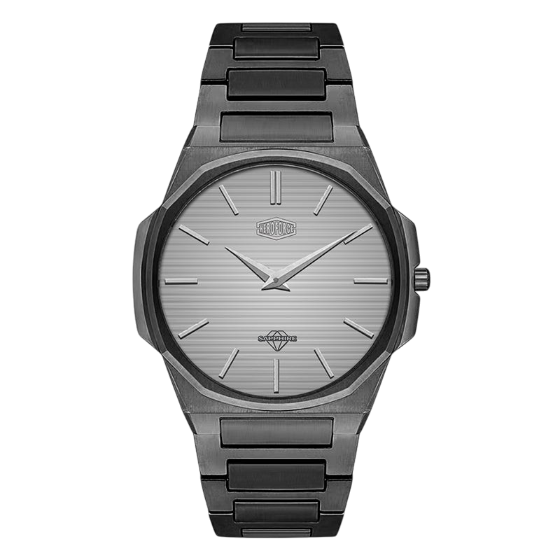 HeroForce 5037A black watch, grey striped dial, silver markers