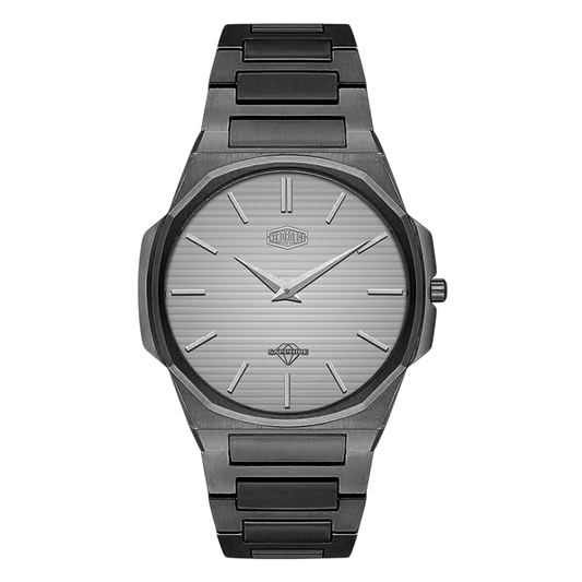 HeroForce 5037A black watch, grey striped dial, silver markers