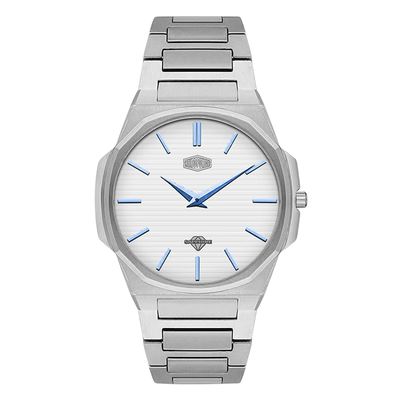 Heroforce 5037A Luxury Octagonal Watch Silver Steel Light Edition white dial blue accents