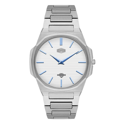 Heroforce 5037A Luxury Octagonal Watch Silver Steel Light Edition white dial blue accents