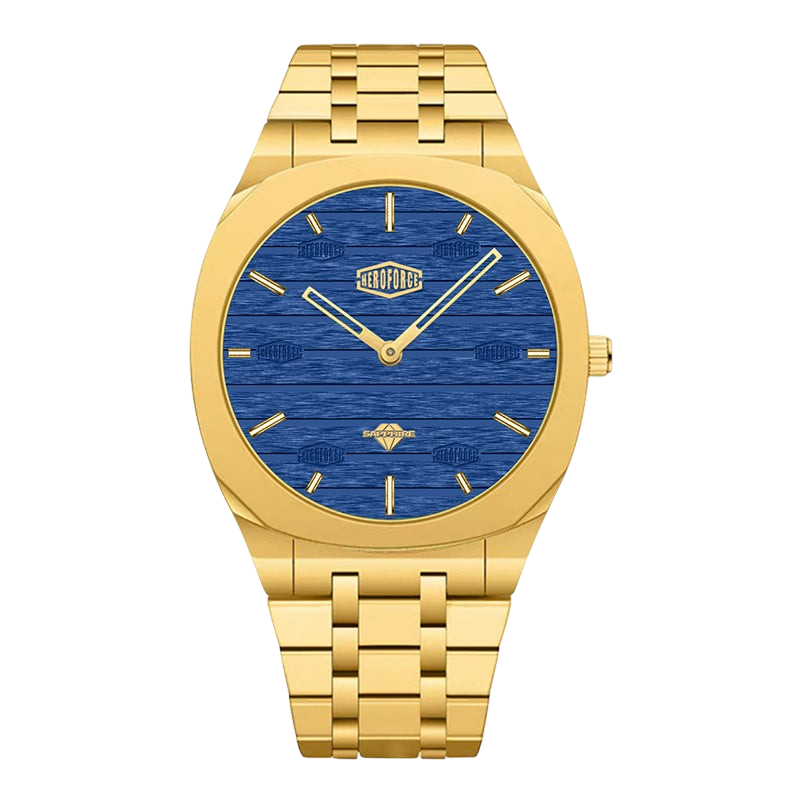 gold case, blue wood dial, front view