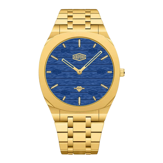gold case, blue wood dial, front view