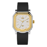 A men's analog watch with an octagonal two-tone stainless steel and gold case, a white textured dial with gold hands