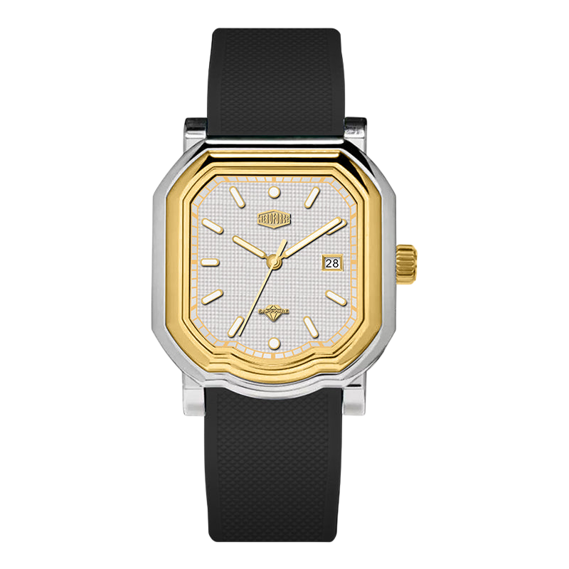 A men's analog watch with an octagonal two-tone stainless steel and gold case, a white textured dial with gold hands