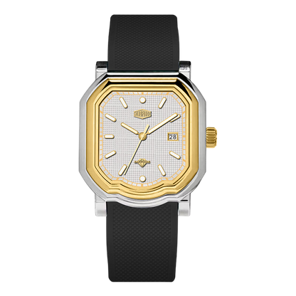 A men's analog watch with an octagonal two-tone stainless steel and gold case, a white textured dial with gold hands