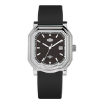 A men's analog watch with an octagonal silver-tone stainless steel case, a textured black dial with silver indices and hands, and a matching black textured silicone strap, shown against a plain white background.