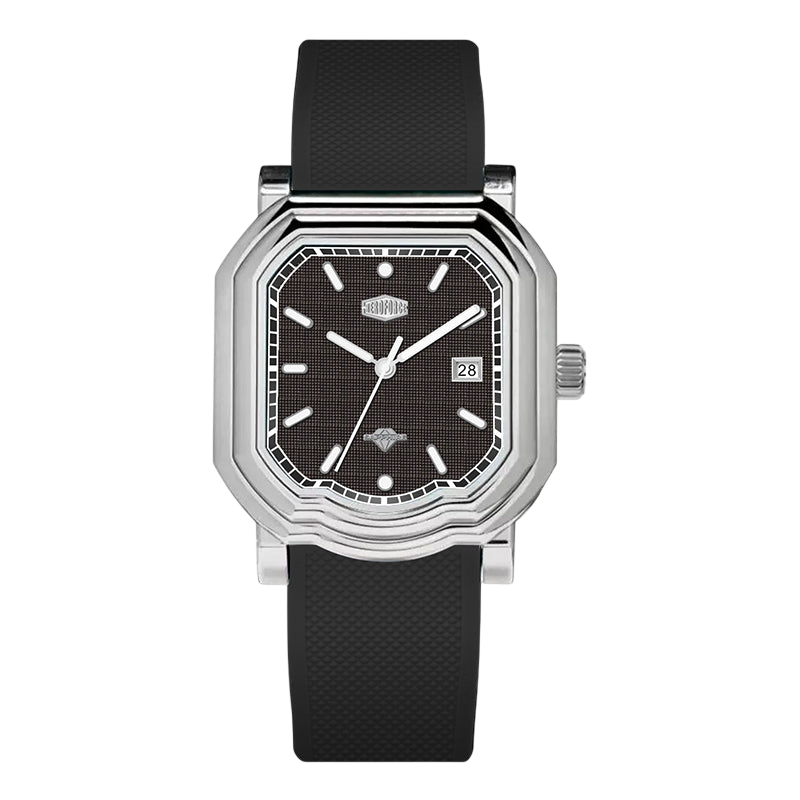 A men's analog watch with an octagonal silver-tone stainless steel case, a textured black dial with silver indices and hands, and a matching black textured silicone strap, shown against a plain white background.