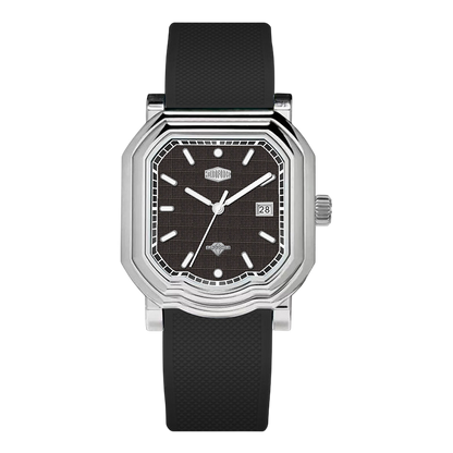 A men's analog watch with an octagonal silver-tone stainless steel case, a textured black dial with silver indices and hands, and a matching black textured silicone strap, shown against a plain white background.