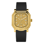 A men's wristwatch with an octagonal gold-tone case, a textured gold dial with silver-tone indices