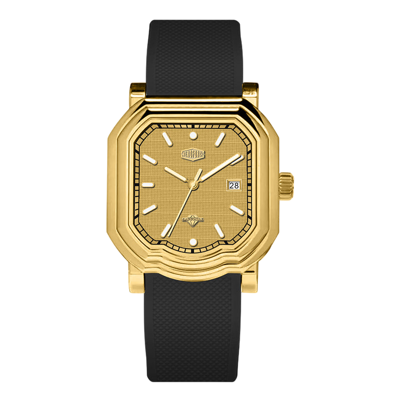 A men's wristwatch with an octagonal gold-tone case, a textured gold dial with silver-tone indices