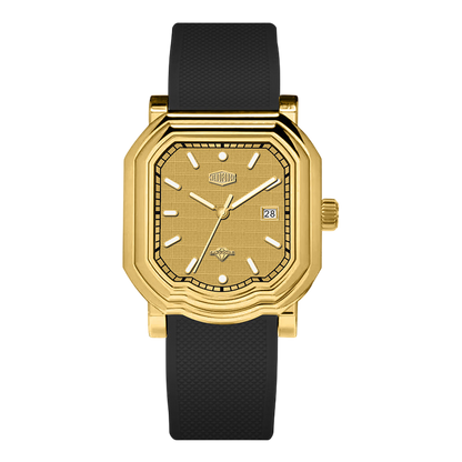 A men's wristwatch with an octagonal gold-tone case, a textured gold dial with silver-tone indices
