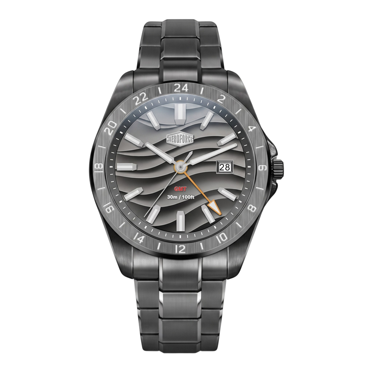 A dark gray stainless steel wristwatch with a wavy dial pattern, a date window at 3 o'clock, and a matching dark gray metal link bracelet.