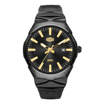 A black analog watch with a textured black ceramic or resin case and matching link-style strap, featuring gold-tone hands, hour markers, and branding on the dial.