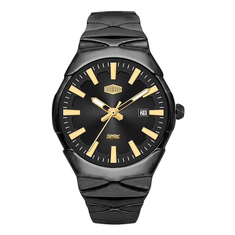 A black analog watch with a textured black ceramic or resin case and matching link-style strap, featuring gold-tone hands, hour markers, and branding on the dial.