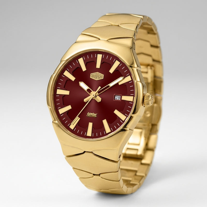 A gold-tone stainless steel watch with a deep burgundy red dial, featuring gold-tone hour markers, hands, and a date window at the 3 o'clock position.
