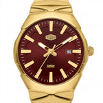 A gold-tone stainless steel wrist watch with a deep burgundy red sunburst dial, gold-tone hour markers and hands, and a date window at 3 o'clock. 